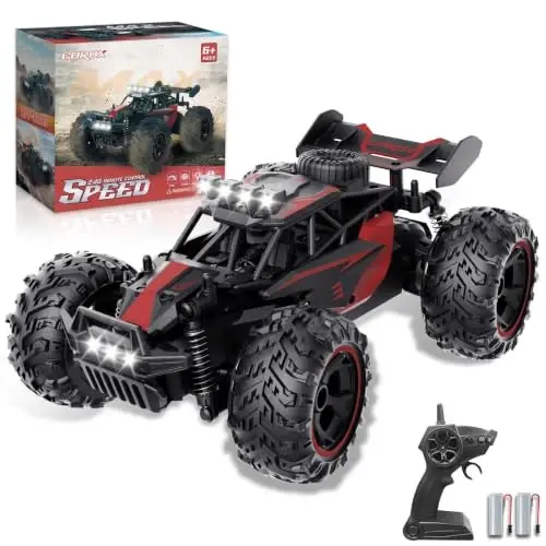 Carox Remote Control Car 2.4GHz 1: 18 Off-Road Monster Truck | 25KM/H High Speed，Rechargeable design,LED Lights，Ideal Gift for kids 6+,Red - 1