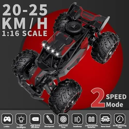 Carox Remote Control Car 2.4GHz 1: 18 Off-Road Monster Truck | 25KM/H High Speed，Rechargeable design,LED Lights，Ideal Gift for kids 6+,Red - 3