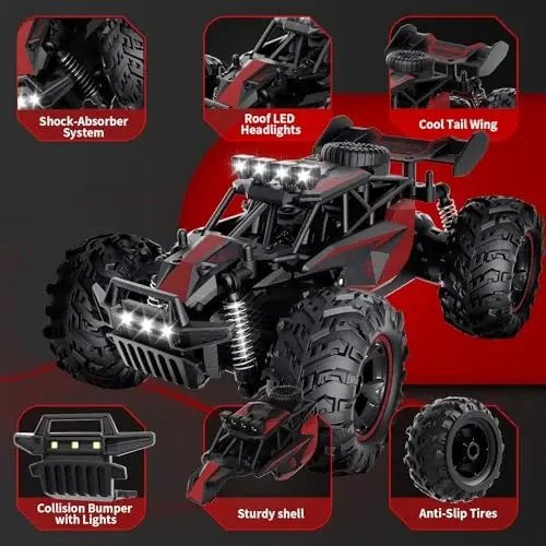 Carox Remote Control Car 2.4GHz 1: 18 Off-Road Monster Truck | 25KM/H High Speed，Rechargeable design,LED Lights，Ideal Gift for kids 6+,Red - 4