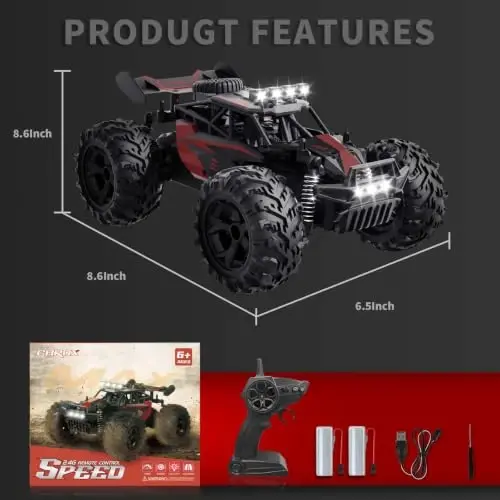 Carox Remote Control Car 2.4GHz 1: 18 Off-Road Monster Truck | 25KM/H High Speed，Rechargeable design,LED Lights，Ideal Gift for kids 6+,Red - 5