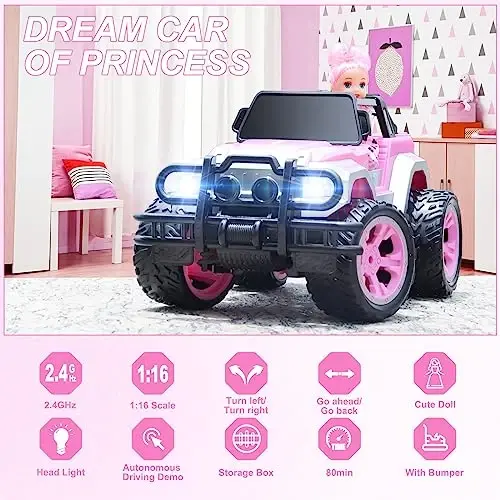 Carox Remote Control Car for Girls, Pink RC Car with Doll and Sticker for Ages 6-10 Years Old Girls, 80 mins with Rechargeable Battery, 1:16 Scale 2.4Ghz, Birthday for Grils,OX11S (Pink) - 2