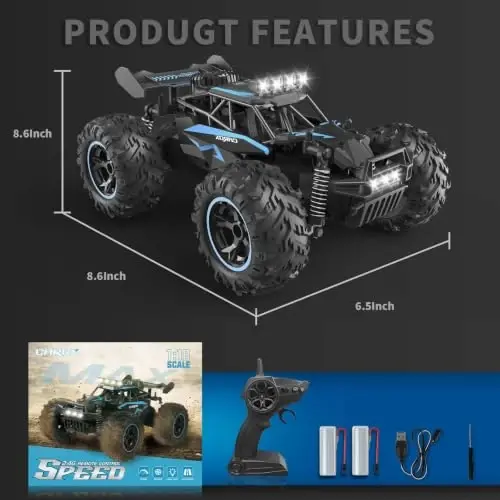 Carox Remote Control Car & RC Cars, 2.4GHz 25KM/H High Speed RC Car, 1: 18 Off-Road Monster Truck with LED Lights and 1800mAh Rechargeable Battery–Blue | 25KM/H High Speed，Rechargeable design,LED Lights，Ideal Gift for kids 6+,Blue - 4