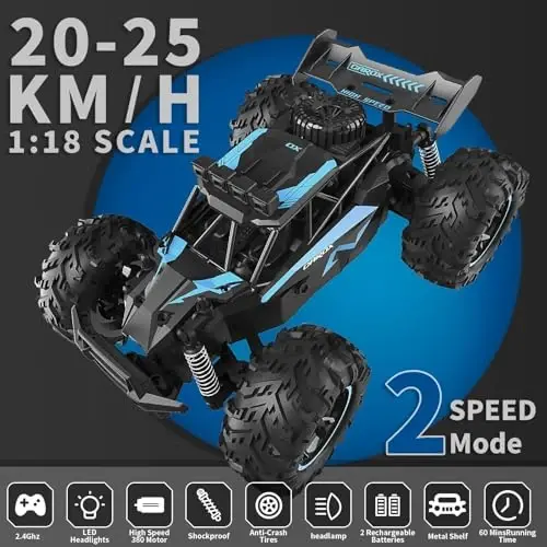 Carox Remote Control Car & RC Cars, 2.4GHz 25KM/H High Speed RC Car, 1: 18 Off-Road Monster Truck with LED Lights and 1800mAh Rechargeable Battery–Blue | 25KM/H High Speed，Rechargeable design,LED Lights，Ideal Gift for kids 6+,Blue - 5