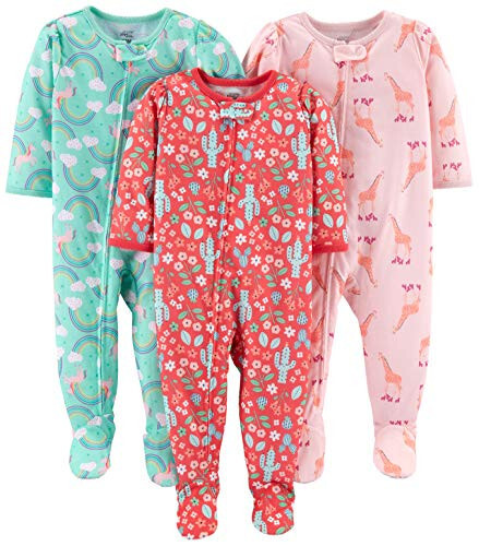 Carter's Simple Joys Bebek ve Yürümeye Başlayan Kız Çocukları İçin Rahat Polyester Jersey Ayaklı Pijama, 3'lü Paket - 3