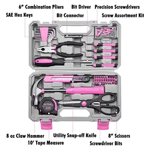 CARTMAN 126-Piece Home Tool Set Kit, Basic Household Hand Tools with Storage Case, Pink - CARTMAN (1)