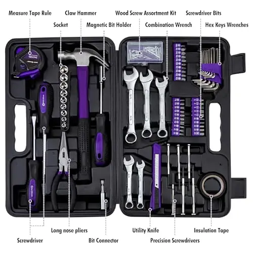 CARTMAN 148-Piece Automotive And Household Tool Set, Purple Repair Kit Case | Versatile tool assortment for car maintenance, home repairs, DIY projects, furniture setup, and daily fixes in a molded case. - CARTMAN (1)
