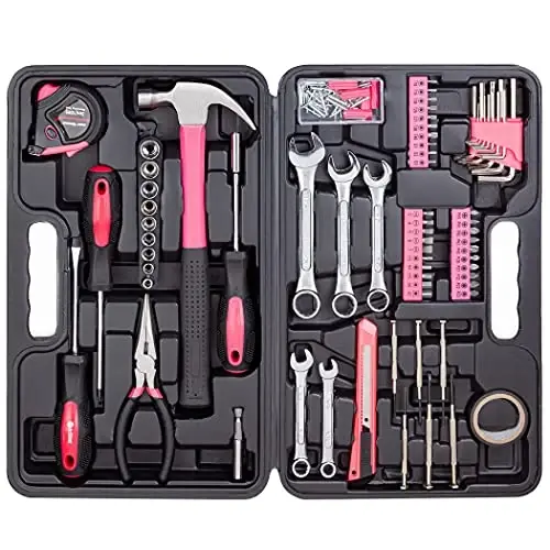 Cartman 148Piece Tool Set General Household Hand Tool Kit with Plastic Toolbox Storage Case Pink 