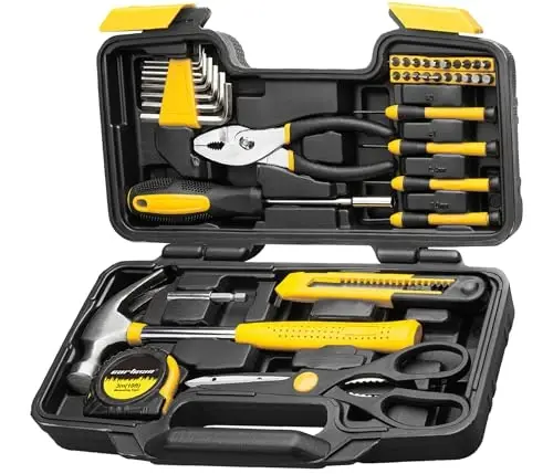 CARTMAN 39-Piece Household Tool Set, Yellow Hand Kit With Storage Case | Complete assortment for home repairs, DIY projects, furniture setup, crafting, and daily household fixes in toolbox. 