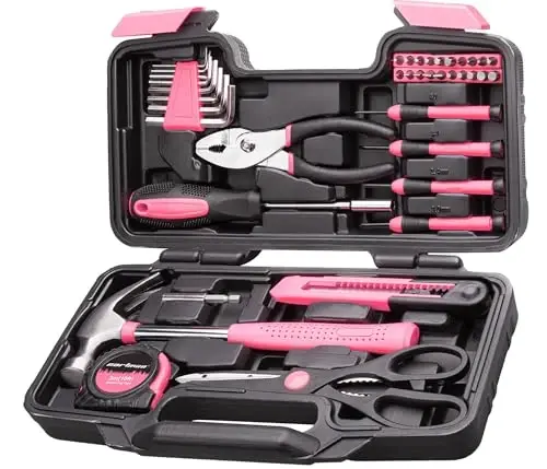 Cartman 39Piece Tool Set General Household Hand Tool Kit with Plastic Toolbox Storage Case Pink - 1