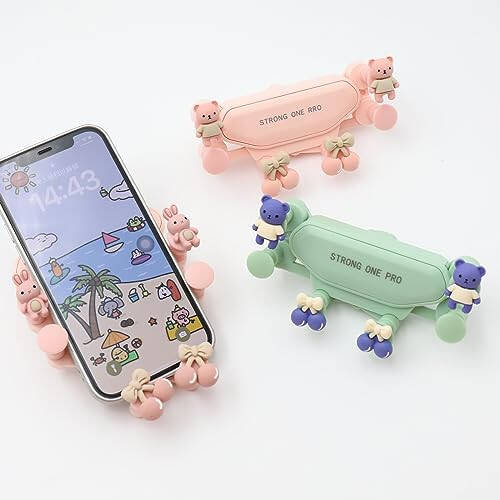 Cartoon Car Vent Phone Mount, Cute Bear Candy Clip Air Vent Phone Holder Car Fit for All Cell Phone, Pretty Car Accessories for Women Mom Wife Friends Pink Blue (Style 3) - 3