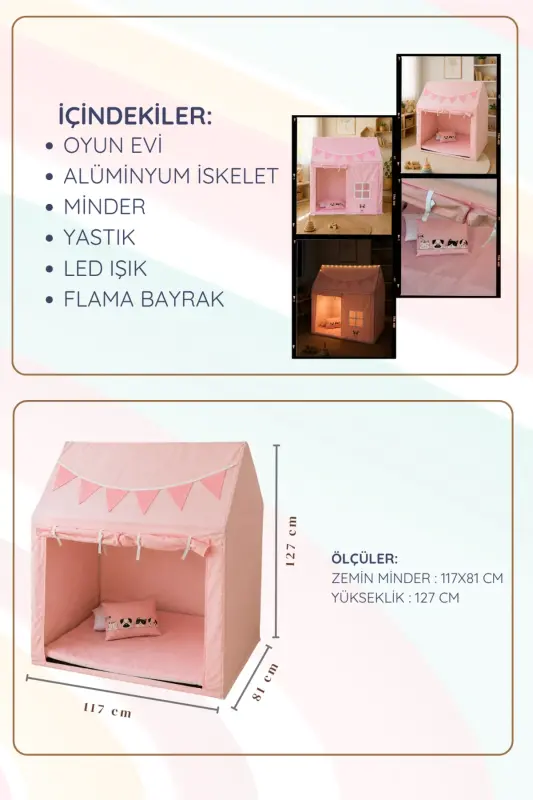 CasaMio Işıklı Oyun Evi Çocuk Oyun Çadırı Minder ve Yastıklı Pembe - Pembe - 4