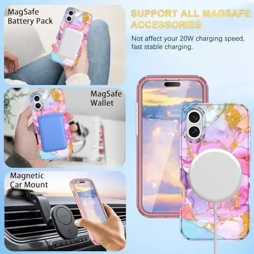 Casehas for iPhone 16 Case with Magnetic Invisible Stand [MagSafe bilan mos] O‘rnatilgan ekran himoyachisi Harbiy darajadagi zarba himoyasi Zarba o‘tkazmaydigan nozik yarim shaffof g‘ilof qopqog‘i, pushti oltin - 3