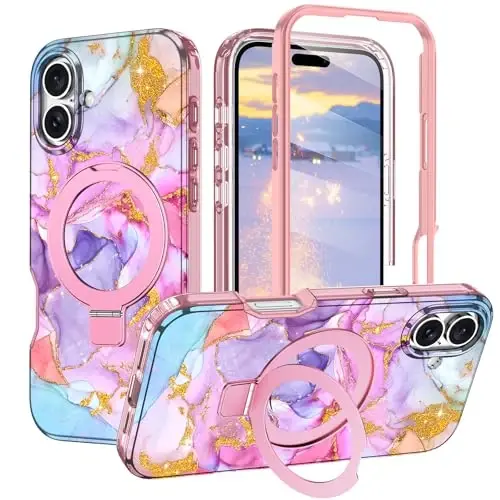 Casehas for iPhone 16 Case with Magnetic Invisible Stand [MagSafe bilan mos] O‘rnatilgan ekran himoyachisi Harbiy darajadagi zarba himoyasi Zarba o‘tkazmaydigan nozik yarim shaffof g‘ilof qopqog‘i, pushti oltin - CASEHAS