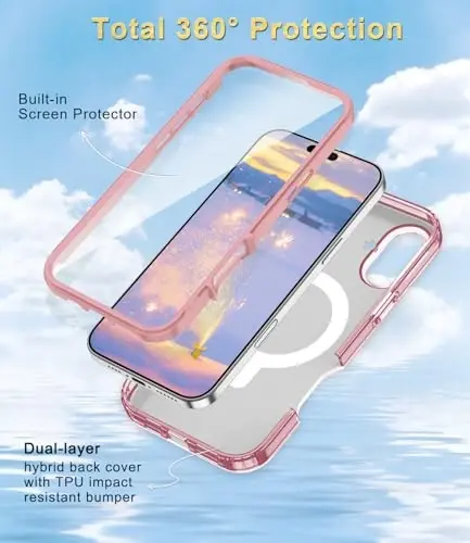 Casehas for iPhone 16 Case with Magnetic Invisible Stand [MagSafe bilan mos] O‘rnatilgan ekran himoyachisi Harbiy darajadagi zarba himoyasi Zarba o‘tkazmaydigan nozik yarim shaffof g‘ilof qopqog‘i, pushti oltin - CASEHAS (1)