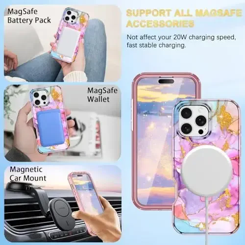 Casehas for iPhone 16 Pro Case with Magnetic Invisible Stand [MagSafe bilan mos] Oʻrnatilgan ekran himoyachisi Harbiy darajadagi tushishdan himoya Zarba oʻtkazmaydigan yupqa shaffof gʻilof qopqogʻi, pushti oltin - 3