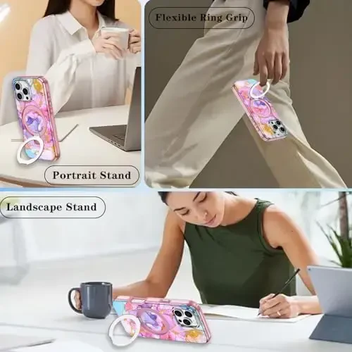 Casehas for iPhone 16 Pro Case with Magnetic Invisible Stand [MagSafe bilan mos] Oʻrnatilgan ekran himoyachisi Harbiy darajadagi tushishdan himoya Zarba oʻtkazmaydigan yupqa shaffof gʻilof qopqogʻi, pushti oltin - 6