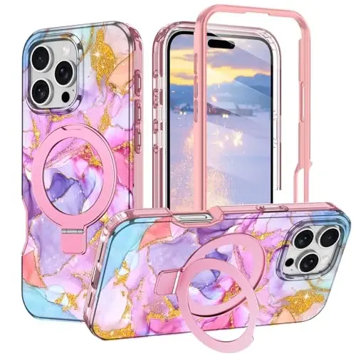 Casehas for iPhone 16 Pro Case with Magnetic Invisible Stand [MagSafe bilan mos] Oʻrnatilgan ekran himoyachisi Harbiy darajadagi tushishdan himoya Zarba oʻtkazmaydigan yupqa shaffof gʻilof qopqogʻi, pushti oltin 