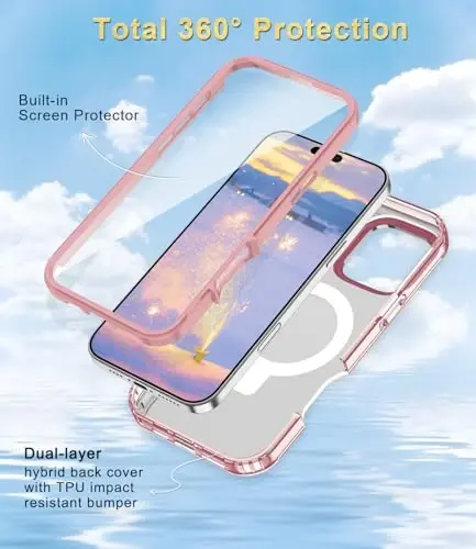 Casehas for iPhone 16 Pro Case with Magnetic Invisible Stand [MagSafe bilan mos] Oʻrnatilgan ekran himoyachisi Harbiy darajadagi tushishdan himoya Zarba oʻtkazmaydigan yupqa shaffof gʻilof qopqogʻi, pushti oltin - CASEHAS (1)