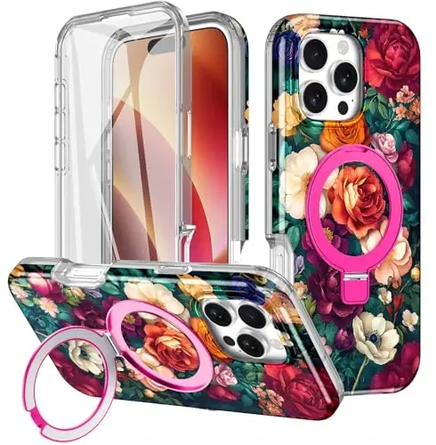 Casehas for iPhone 16 Pro Max Case with Magnetic Invisible Stand [Compatible with MagSafe] Built-in Screen Protector Military Drop Protection Shockproof Slim Translucent Case Cover, Rose - CASEHAS