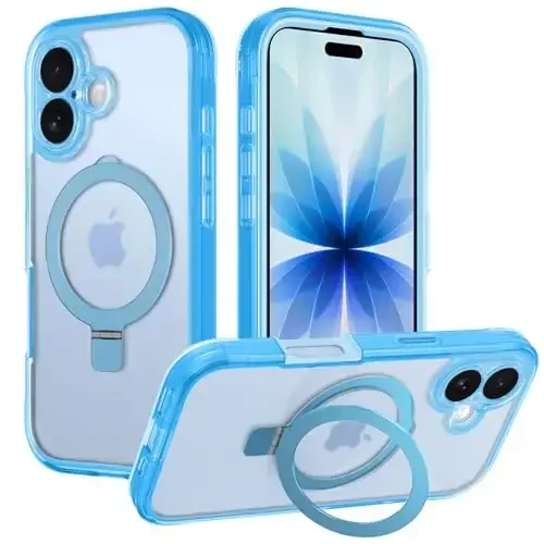 Casehas for iPhone 17 Case with Magnetic Invisible Stand [Compatible with MagSafe] Military Drop Protection Shockproof Slim Translucent Skin-Touch Case Cover Light Blue - 7