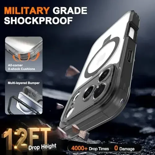 Casehas for iPhone 17 Pro Case with Magnetic Invisible Stand [MagSafe bilan mos] Harbiy tomchidan himoya Shokga chidamli Yupqa yarim shaffof терига тегишли g'ilof qopqog'i qora - 4