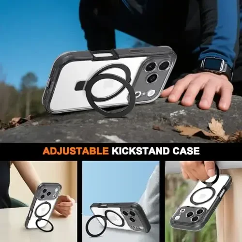 Casehas for iPhone 17 Pro Case with Magnetic Invisible Stand [MagSafe bilan mos] Harbiy tomchidan himoya Shokga chidamli Yupqa yarim shaffof терига тегишли g'ilof qopqog'i qora - 5