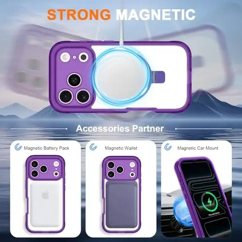 Casehas for iPhone 17 Pro Max Case with Magnetic Invisible Stand [MagSafe bilan mos] Harbiy tomchidan himoya zarbaga chidamli ingichka yarim shaffof тери-tegish qopqog'i binafsha - 3