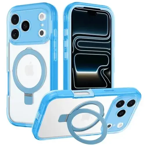 Casehas for iPhone 17 Pro Max uchun magnitli ko'rinmas stendga ega g'ilof [MagSafe bilan mos keladi] Harbiy darajadagi zarbadan himoya, zarbga chidamli, yupqa yarim shaffof, teginishga yoqimli g'ilof, och ko'k - 7