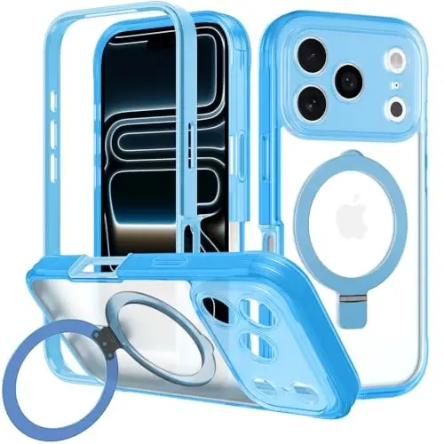Casehas for iPhone 17 Pro Max uchun magnitli ko'rinmas stendga ega g'ilof [MagSafe bilan mos keladi] Harbiy darajadagi zarbadan himoya, zarbga chidamli, yupqa yarim shaffof, teginishga yoqimli g'ilof, och ko'k 