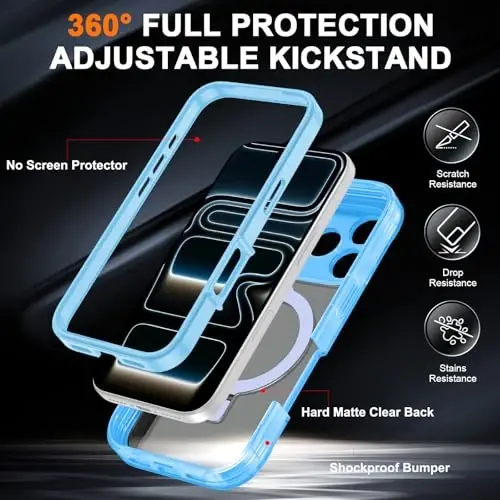 Casehas for iPhone 17 Pro Max uchun magnitli ko'rinmas stendga ega g'ilof [MagSafe bilan mos keladi] Harbiy darajadagi zarbadan himoya, zarbga chidamli, yupqa yarim shaffof, teginishga yoqimli g'ilof, och ko'k - CASEHAS (1)