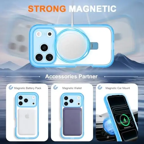 Casehas for iPhone 17 Pro Max uchun magnitli ko'rinmas stendga ega g'ilof [MagSafe bilan mos keladi] Harbiy darajadagi zarbadan himoya, zarbga chidamli, yupqa yarim shaffof, teginishga yoqimli g'ilof, och ko'k - 3
