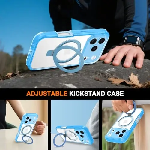 Casehas for iPhone 17 Pro Max uchun magnitli ko'rinmas stendga ega g'ilof [MagSafe bilan mos keladi] Harbiy darajadagi zarbadan himoya, zarbga chidamli, yupqa yarim shaffof, teginishga yoqimli g'ilof, och ko'k - 4