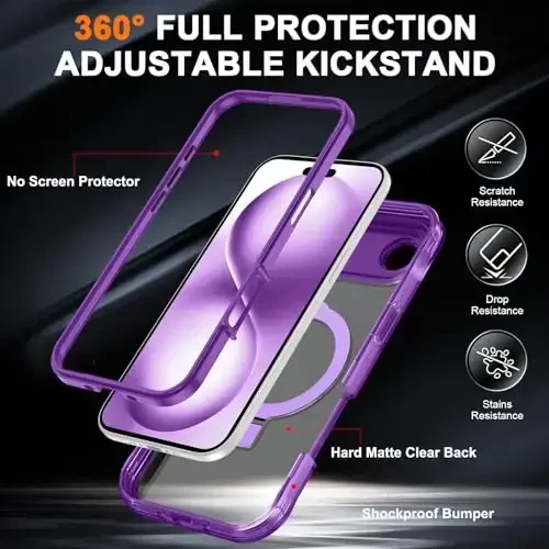 Casehas for iPhone Air Case with Magnetic Invisible Stand [MagSafe bilan mos] Harbiy tomchidan himoya Zarba o'tkazmaydigan ingichka yarim shaffof Teri teginish iPhone 17 Air Case Cover Binafsha - 2