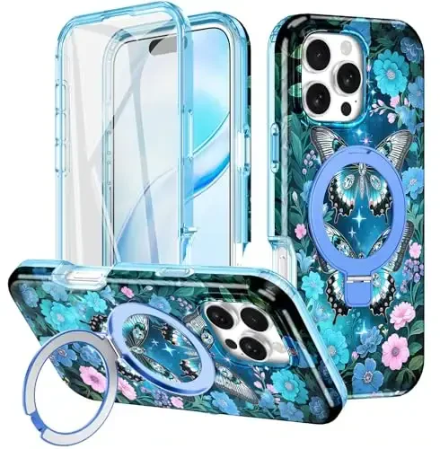 Casehas iPhone 16 Pro Max uchun magnitli ko'rinmas stendga ega g'ilof [MagSafe bilan mos keladi] O'rnatilgan ekran himoyachisi Harbiy darajadagi tushishdan himoya Zarba o'tkazmaydigan ingichka yarim shaffof g'ilof qopqog'i, to'q ko'k 