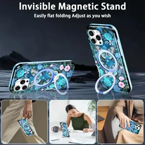 Casehas iPhone 16 Pro Max uchun magnitli ko'rinmas stendga ega g'ilof [MagSafe bilan mos keladi] O'rnatilgan ekran himoyachisi Harbiy darajadagi tushishdan himoya Zarba o'tkazmaydigan ingichka yarim shaffof g'ilof qopqog'i, to'q ko'k - 4