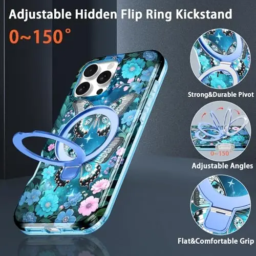Casehas iPhone 16 Pro Max uchun magnitli ko'rinmas stendga ega g'ilof [MagSafe bilan mos keladi] O'rnatilgan ekran himoyachisi Harbiy darajadagi tushishdan himoya Zarba o'tkazmaydigan ingichka yarim shaffof g'ilof qopqog'i, to'q ko'k - 6