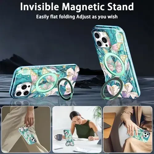 Casehas iPhone 16 Pro Max uchun magnitli ko'rinmas stendli g'ilof [MagSafe bilan mos keladi] O'rnatilgan ekran himoyachisi Harbiy tomchidan himoya Zarba o'tkazmaydigan ingichka yarim shaffof g'ilof qopqog'i, Cyan - 4