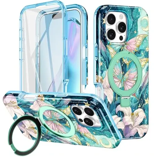 Casehas iPhone 16 Pro Max uchun magnitli ko'rinmas stendli g'ilof [MagSafe bilan mos keladi] O'rnatilgan ekran himoyachisi Harbiy tomchidan himoya Zarba o'tkazmaydigan ingichka yarim shaffof g'ilof qopqog'i, Cyan 