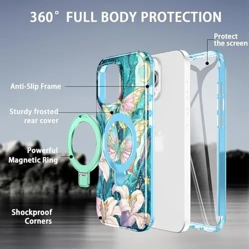 Casehas iPhone 16 Pro Max uchun magnitli ko'rinmas stendli g'ilof [MagSafe bilan mos keladi] O'rnatilgan ekran himoyachisi Harbiy tomchidan himoya Zarba o'tkazmaydigan ingichka yarim shaffof g'ilof qopqog'i, Cyan - 2