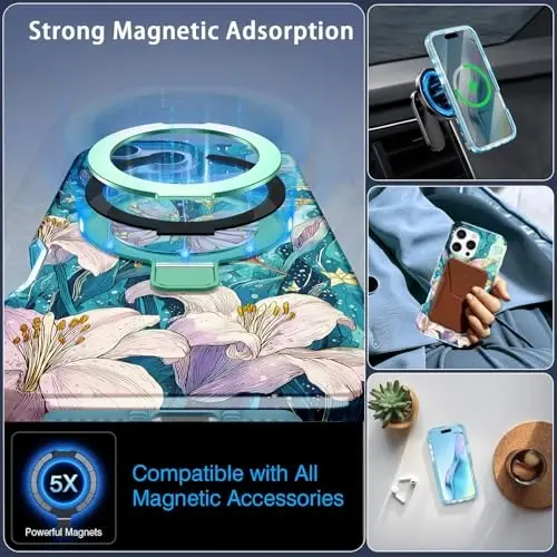 Casehas iPhone 16 Pro Max uchun magnitli ko'rinmas stendli g'ilof [MagSafe bilan mos keladi] O'rnatilgan ekran himoyachisi Harbiy tomchidan himoya Zarba o'tkazmaydigan ingichka yarim shaffof g'ilof qopqog'i, Cyan - 3