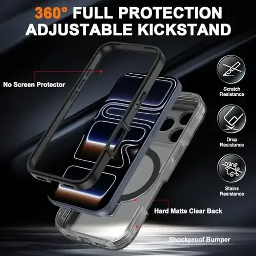 Casehas iPhone 17 Pro Max uchun Magnetic Invisible Standli [MagSafe bilan mos] Harbiy tomchidan himoya Zarba o'tkazmaydigan Yupqa yarim shaffof Teri bilan teginish qopqog'i Qora - 2