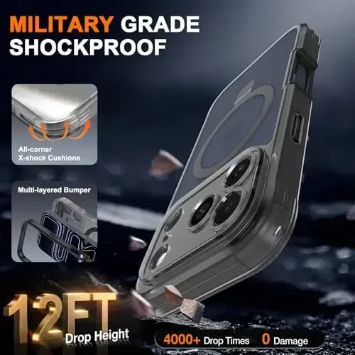 Casehas iPhone 17 Pro Max uchun Magnetic Invisible Standli [MagSafe bilan mos] Harbiy tomchidan himoya Zarba o'tkazmaydigan Yupqa yarim shaffof Teri bilan teginish qopqog'i Qora - 5