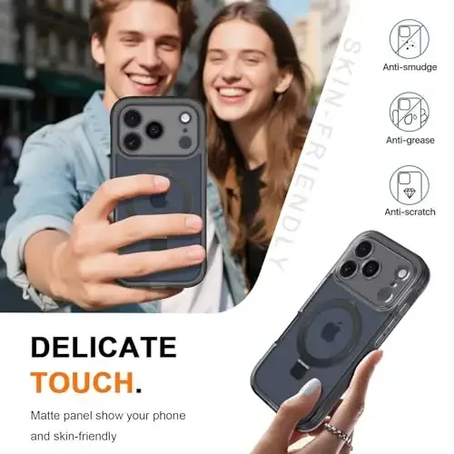 Casehas iPhone 17 Pro Max uchun Magnetic Invisible Standli [MagSafe bilan mos] Harbiy tomchidan himoya Zarba o'tkazmaydigan Yupqa yarim shaffof Teri bilan teginish qopqog'i Qora - 6