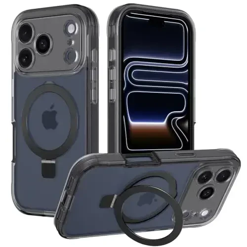 Casehas iPhone 17 Pro Max uchun Magnetic Invisible Standli [MagSafe bilan mos] Harbiy tomchidan himoya Zarba o'tkazmaydigan Yupqa yarim shaffof Teri bilan teginish qopqog'i Qora - 7