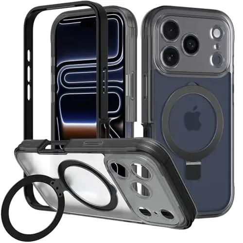 Casehas iPhone 17 Pro Max uchun Magnetic Invisible Standli [MagSafe bilan mos] Harbiy tomchidan himoya Zarba o'tkazmaydigan Yupqa yarim shaffof Teri bilan teginish qopqog'i Qora 