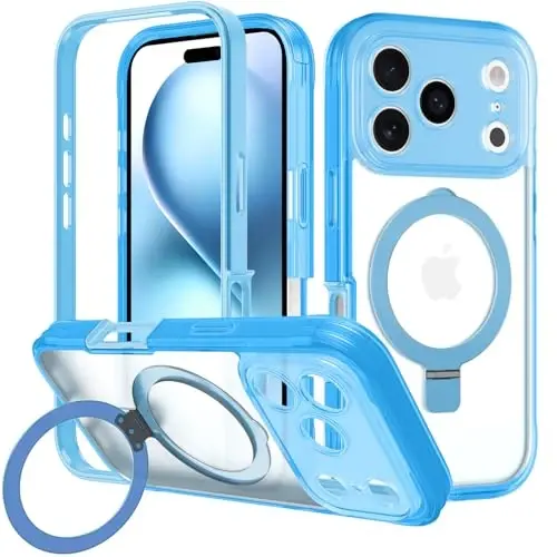 Casehas iPhone 17 Pro uchun magnitli ko'rinmas stendli g'ilof [MagSafe bilan mos keladi] Harbiy tomchidan himoya Zarba o'tkazmaydigan ingichka yarim shaffof тери-touch g'ilof Light Blue 