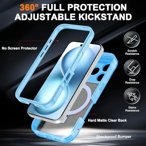 Casehas iPhone 17 Pro uchun magnitli ko'rinmas stendli g'ilof [MagSafe bilan mos keladi] Harbiy tomchidan himoya Zarba o'tkazmaydigan ingichka yarim shaffof тери-touch g'ilof Light Blue - CASEHAS (1)