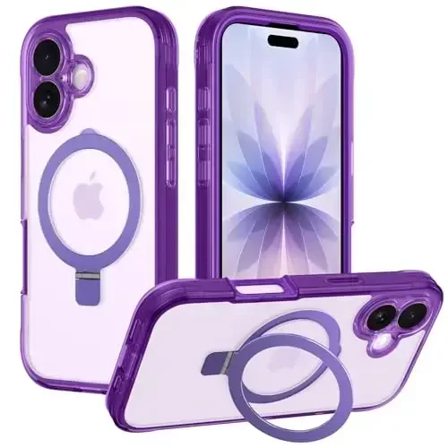 Casehas iPhone 17 uchun g'ilof, magnitli ko'rinmas stend bilan [MagSafe bilan mos keladi] Harbiy darajadagi zarbadan himoya, zarbga chidamli, ingichka, yarim shaffof, teginishga yoqimli g'ilof qopqog'i, binafsha rang - 7