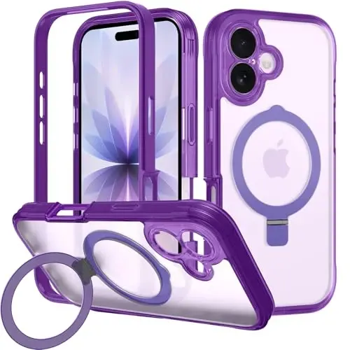 Casehas iPhone 17 uchun g'ilof, magnitli ko'rinmas stend bilan [MagSafe bilan mos keladi] Harbiy darajadagi zarbadan himoya, zarbga chidamli, ingichka, yarim shaffof, teginishga yoqimli g'ilof qopqog'i, binafsha rang - CASEHAS