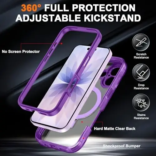 Casehas iPhone 17 uchun g'ilof, magnitli ko'rinmas stend bilan [MagSafe bilan mos keladi] Harbiy darajadagi zarbadan himoya, zarbga chidamli, ingichka, yarim shaffof, teginishga yoqimli g'ilof qopqog'i, binafsha rang - CASEHAS (1)